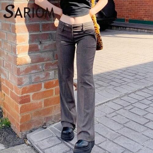 Vintage Low Waist Brown Flare Pants for Teenage Girls Casual Streetwear Ladies Pocket Skinny Women Y2k Trousers Pantalon Cargo