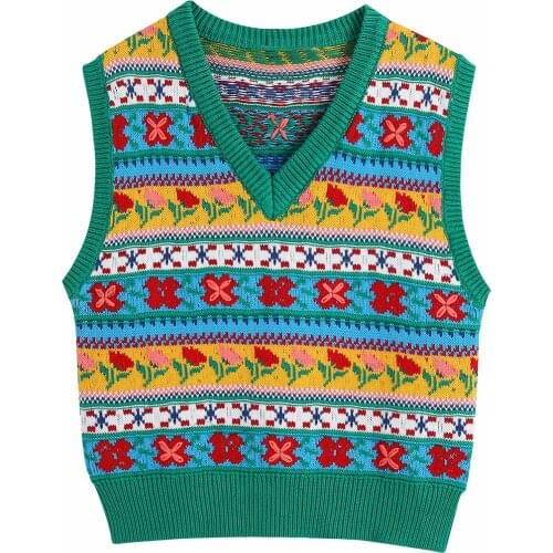 Za womens personalized color stripe stitched knitted vest sweater V-neck retro sleeveless womens Vest fashion vest