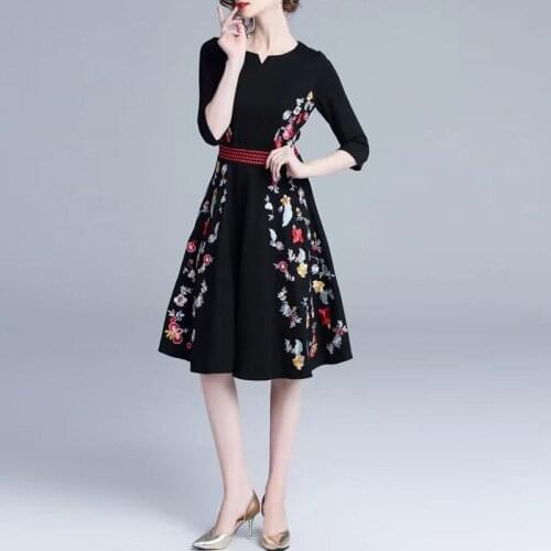 IVY HE High Quality Autumn Dress Woman Clothing Elegant Black Slim Brocade Cotton Embroidery Broken Flowers Midi Long Dresses ZA