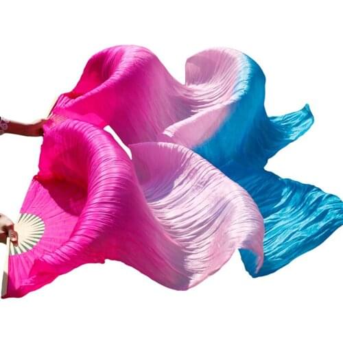 100% Silk Belly Dance Fans 1 Pair Left+Right Hand Handmade Dyed Silk Belly Dancing Performance Fans Rose+Pink+Turquoise 180x90cm