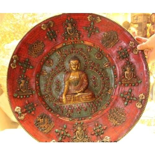 19"Tibet Buddhism Temple Bronze Turquoise Coral GemShakyamuni Buddha Plate