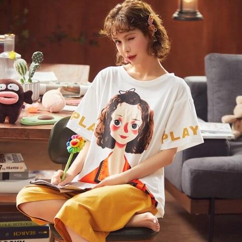 2021 Summer Short Sleeve Women Pajamas Set Soft Casual Nightwear Plus Size Homewear Cute Cartoon Beautiful Girl Print Sleepwear