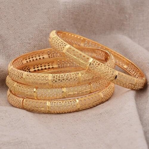 4Pcs/lot luxury Dubai Gold Color Bracelet Bangles For Women Girls African Wedding Jewelry Bride Hollow Pattern Bracelet women