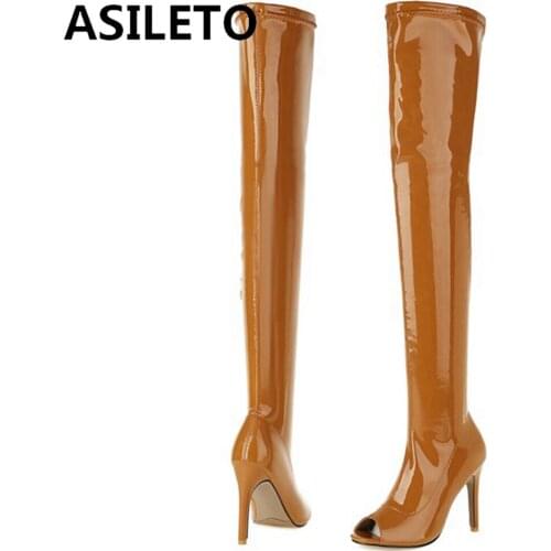 ASILETO Sexy Women Luxury Party Over Knee High Boots Patent Leather Zipper Peep Toe 12cm Stileeto Heel Plus Size 46 S2465