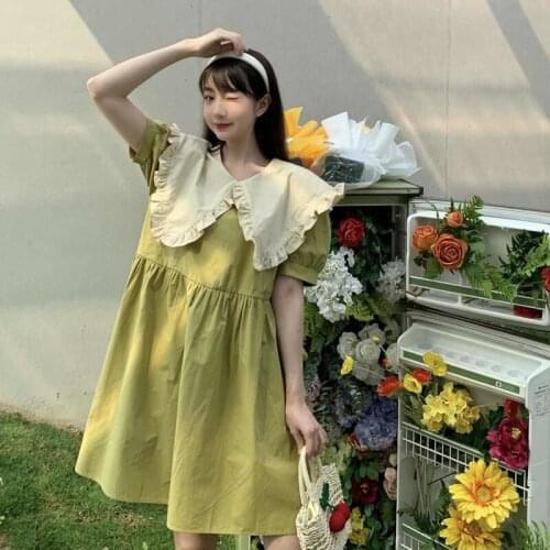 Bella 2021 Summer Elegent Peter Pan Collar Short Sleeve Women High Waist Party Dress Vintage A-line Casual Cute Female Vestidos