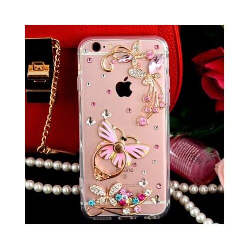 For iPhone 12 11 Pro MAX X XS MAX XR 6 7 8 Plus Capa luxury Butterfly Ring Holder Stand Diamond Flower Rhinestone Case Cover