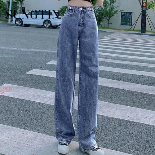 Sungtin High Waist Wide Leg Denim Jeans Women Loose Vintage Straight Pants Fashion Trousers Streetwear Korea Long Pants Summer