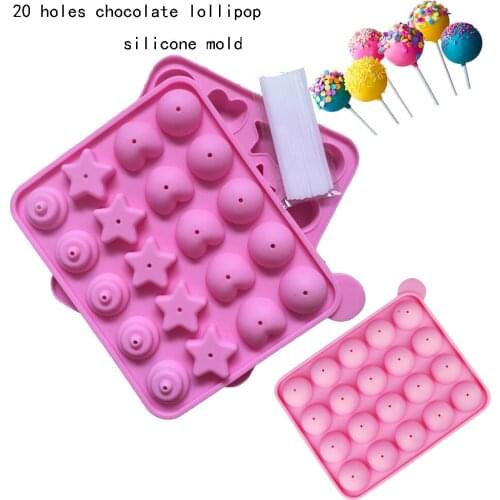 20 Hole Round Chocolate Lollipop Silicone mold Ball Star Jelly Cake Baking Candy Ice Tray Silica gel Mould With 20 Sticks