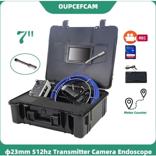 Φ23mm Camera With 512hz Transmitter Drain Pipe Sewer Inspection Endoscope System 7" Screen DVR Keyboard Meter Counter Black Case