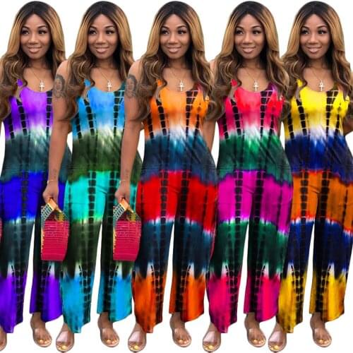 Gradient Tie Dye Print Rompers Womens Jumpsuit Scoop Neck Sleeveless Wide Leg Outfits Summer Casual Loose Full Length Overalls