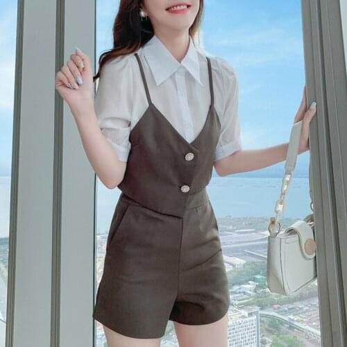 Two Piece Set Single Breasted Turn-Down Collar Patchwork Strap Short Sleeve Shirt Slim Shorts Suits 21021 Summer 2 Piece Outfits