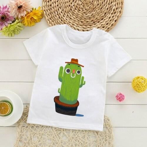 New Fashion Ins Wind Plant Girl Clothes Summer Green Cactus Boys Clothes Cute Funny Children T-shirt Crew Neck White Kids Tops