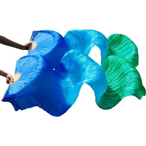 New 100% Real Silk Fans 1 Pair Handmade Dyed Silk Belly Dance Fans Dancing Props Gradient Color Royal blue+Turquoise+Green Fans