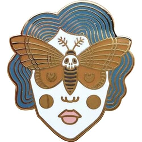 Novelty Skull Moth Girl with Crescent Moon Enamel Lapel Pin