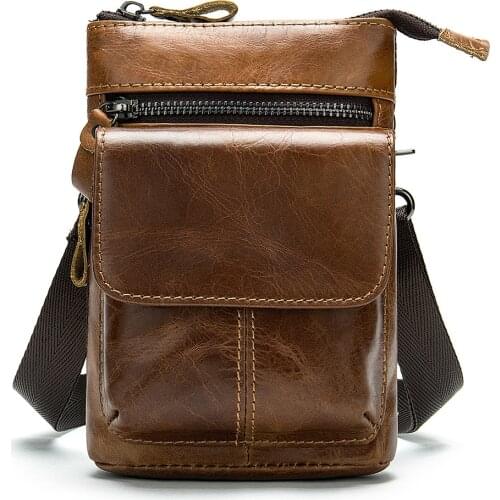 New small waist bags top layer leather mens retro camera 7 inch mobile phone bag with belt