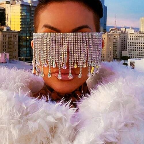 Oversized Goggles Sunglasses Women Luxury Fsahion Tassel Crystal Diamond Sunglasses Mask Steampunk Eye Glasses For party