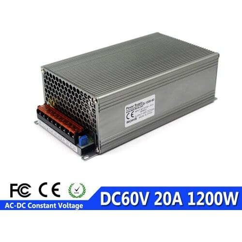 Single Output DC 60v Power supply 20A 1200w Driver 220V 110 AC DC 60V Ac-Dc Converter SMPS For led Stepper cnc cctv 3d printer