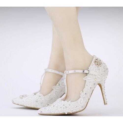 Popular White Lace Flower Pumps Buckle Bridal Shoes T-strap Pointed Toe Wedding Shoes AB Color Crytal Prom Party Women Shoes