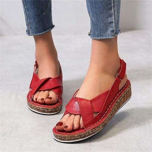 2021 Summer New Womens Open Toe Wedge Comfy Sandals Flat Bottom Velcro Solid Color Word Buckle Belt Female Fashion Sandalias