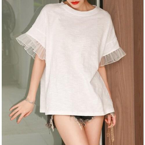 Mesh Patchwork White Women T-Shirts Solid Summer New Flare Sleeved Loose Elegant Female Pulls Tops Tees