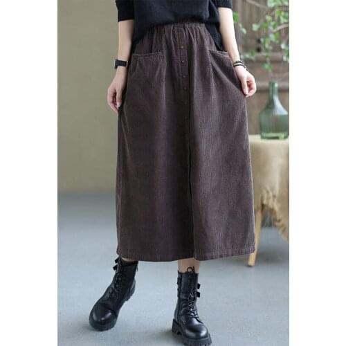 Retro Corduroy Skirt Women Clothing 2021 New Elastic High Waist Loose Personality Hem Slit Large Size Casual Saias Longas M635