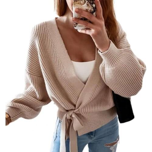 Lace-up Women Sweater Cardigan Lantern Sleeve Solid Color Womens Clothing Knitwear Loose V Neck Cardigan Knit Jumpers Office