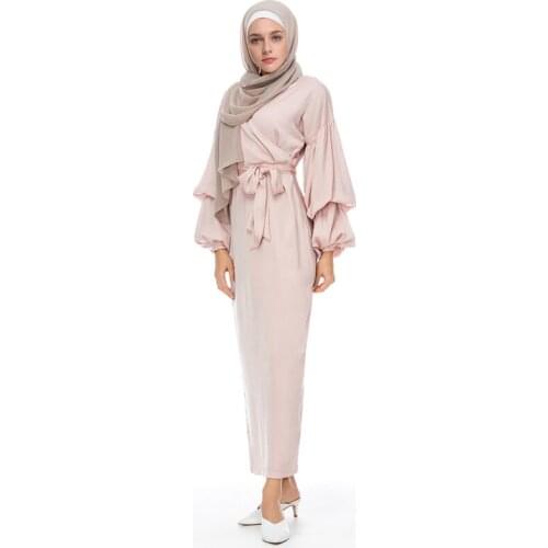 Plus Size Womens Muslim V-Neck Dress Arab Women Sashes Puff Sleeve Abayas Arabic Dubai Turkish Kaftan Female Clothing