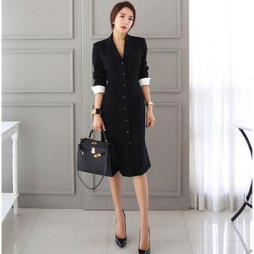 High End Womens Dress Ladies Bodycon Sexy Party Midi Pencil Business Dress Autumn Black Long Sleeve Notched Collar Suit Dresses