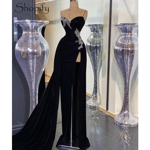 Long Black Evening Dresses 2021 Sexy High Slit Beaded Velvet African Women Formal Party Gowns With Train