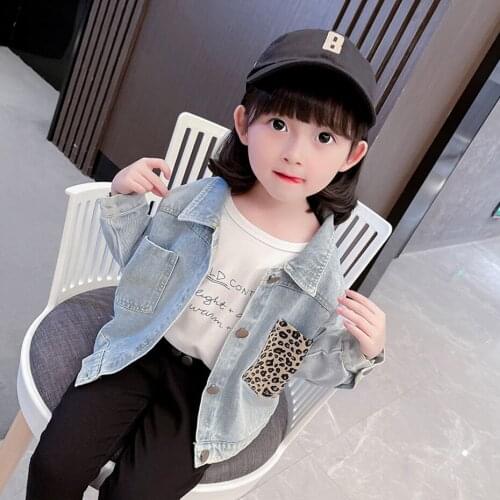 Girls Denim Jacket Coat Leopard Pattern Girl Coat Spring Autumn Childrens Coat Casual Style Childrens Clothes For Girls