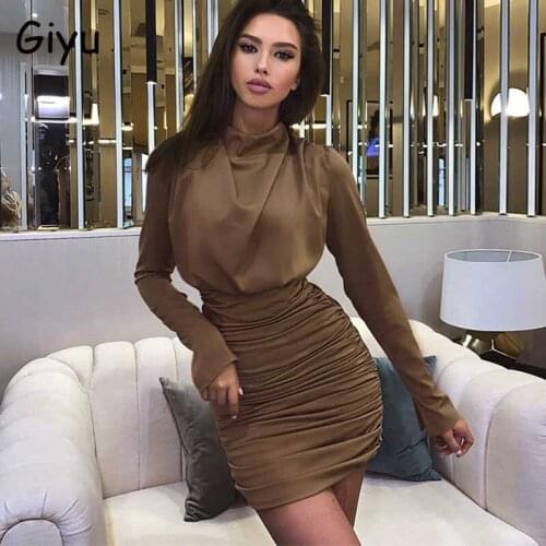 Giyu Night Club Party Dress Women Sexy Bodycon Ruched Mini Dresses 2021 Autumn Winter O Neck Long Sleeve Elegant Female Vestidos