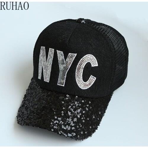 RUHAO Summer Womens Mesh Hat Lace Sequined Baseball Cap NYC Letter Casual Snapback Girls Adjustable gorras para hombre