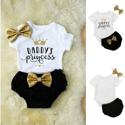 Newborn Baby Girls Clothes daddy´s Princess Romper Jumpsuit Tutu Pants Headband Outfits Set