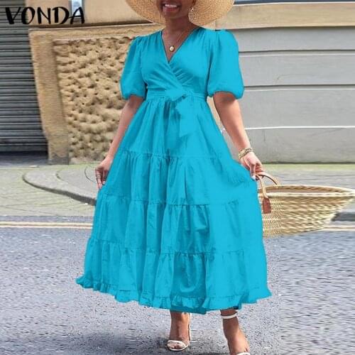 Summer Party Dress With Belt VONDA Sexy V Neck Pleated Ruffled Long Dresses Bohemian Vestido Casual Short Sleeve Beach Sundress