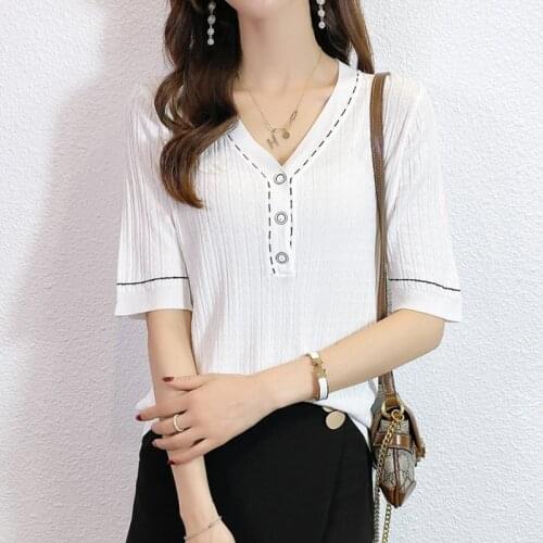 LJSXLS V Neck Knitted Sweater Women 2021 Summer Short Sleeve Button White Tops Korean Fashion Womens Clothes Pullovers Tee Femme