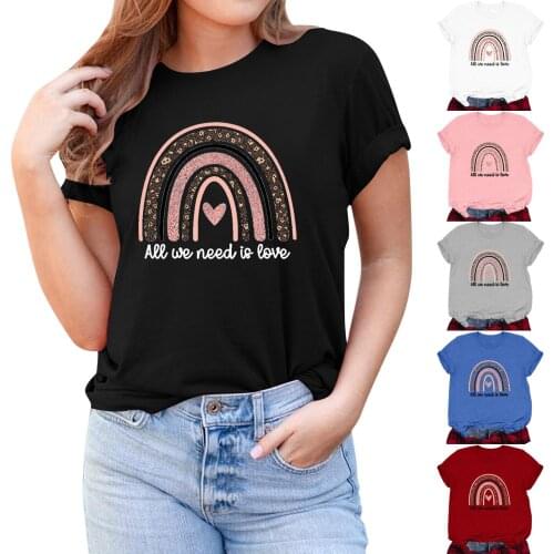 Multicolor Women O-Neck Leopard Rainbow Print T-shirt Top Short Sleeve Casual Loose Blouse queen Fashion print T-shirt tender T5