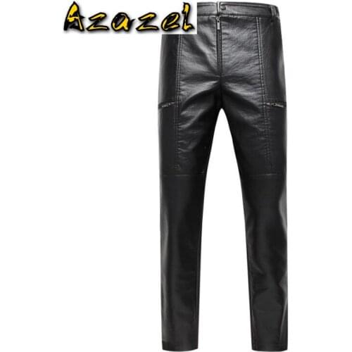 Mens New Fashion stitching High quality Slim motorcycle leather pants Korean Men Business Casual trousers Mens pencil pants