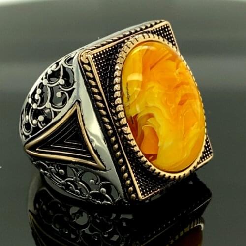Mens Handmade Ring , Oval Amber Stone Ring , Honey Amber Stone , Men Ring, Gift for Him, 925k Sterling Silver Ring