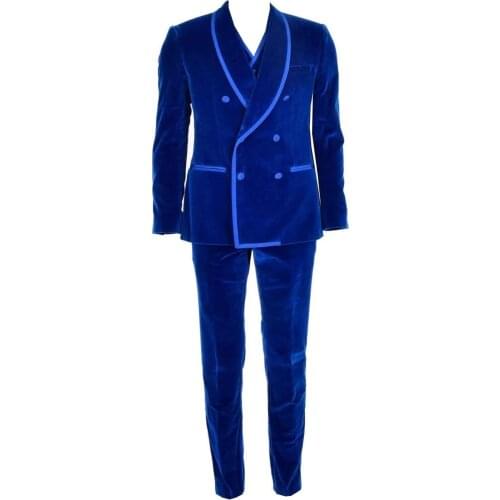 Royal Blue Velvet Double Breasted Shawl Lapel Costume Homme Groom Tuxedos Men Suits Wedding Prom Man Blazer (Jacket+Pants+Vest)