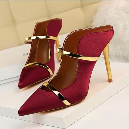 2021 Women Fetish 10cm High Heels Slides Female Sexy Summer Satin Mules Lady Slip On Yellow Sandals Women Silk Burgundy Shoes