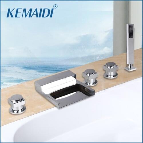 KEMAIDI Solid Brass 5 PCS Waterfall Shower Set Bathtub Tub Shower Faucet 3 Handles with Handheld Tub Mixer Taps Chrome Finish