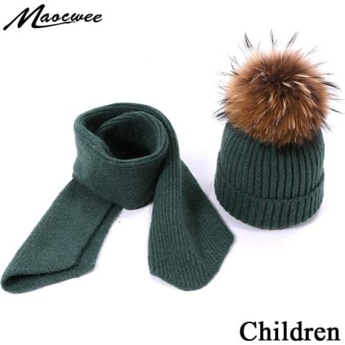 Real Natural Fur Pompom Knitted Hat Scarf Winter Warm Children Hat & Scarf For Girls Boys Two piece Set Warm Beanie Skullies