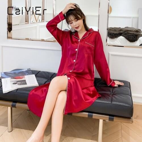 CAIYIER Solid Red Silk Night Dress Winter Long Sleeve Women Sleepshirts Sexy Loose Turn-down Collar Large Size Homewear M-3XL