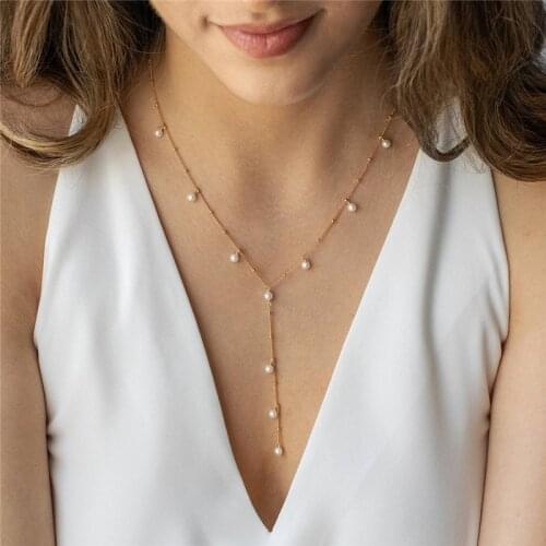 Real 14K Gold Filled Ball Chain Necklace Natural Pearl Choker Handmade Y Pendants Collier Femme Kolye Jewelry for Women