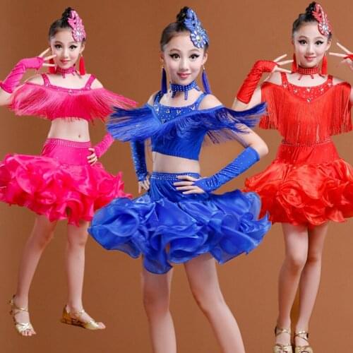 Professional Sequins Children Latin Dance Dress for Competition Girl Rose Red/red/blue Tassel Samba/rumba/tango Dance Costume
