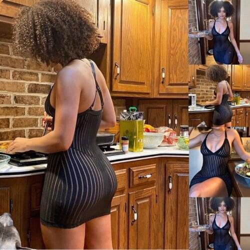 Q39C Women Summer Sexy Halter Deep V-Neck Mini Bodycon Dress See-Through Mesh Striped Crisscross Backless Party Clubwear Bikini