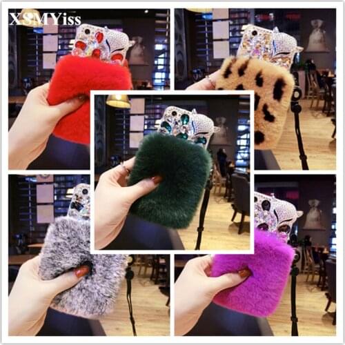 XSMYiss Luxury Bling Rhinestone Diamond Fox Real Rabbit Fur Soft Case For Samsung j3 j5 j7 2017 j7 Prime j4 j6 j8 2018 Warm Case