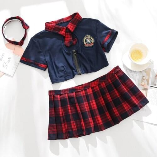 Sexy School Girls Lingerie Womens Student Uniform with Front Tie Plaid Exotic Costumes Role Play Sexy Halloween Costumes