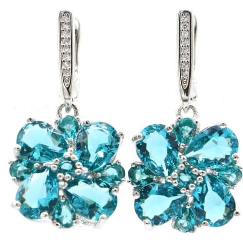 51x20mm SheCrown Romantic Created London Blue Topaz White CZ Gift For Ladies Daily Wear Silver Earrings