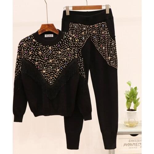 Autumn Winter Tracksuit Female Loose Knit 2pc Fashion Beading Tassel Knitted Sweater + Sports Pencil Pants Women Two Piece Set